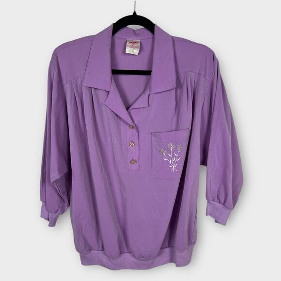 80s purple collared blouse top windbreaker sweatshirt material Large retro - Picture 1 of 8